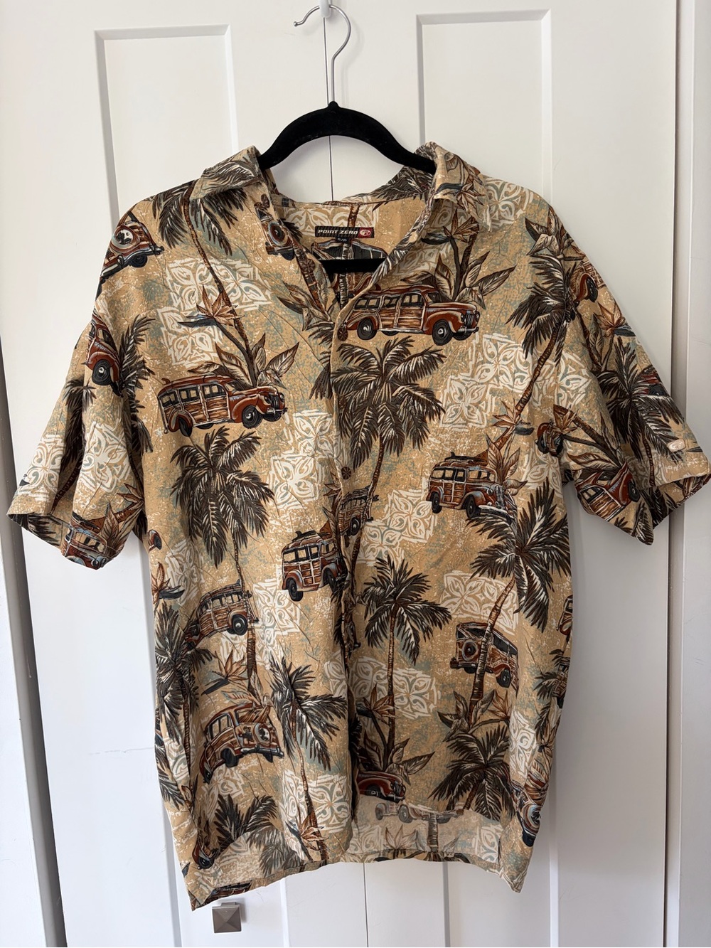 Point Zero Beige Tropical Short-Sleeve Button Down with Surf Wagon Print